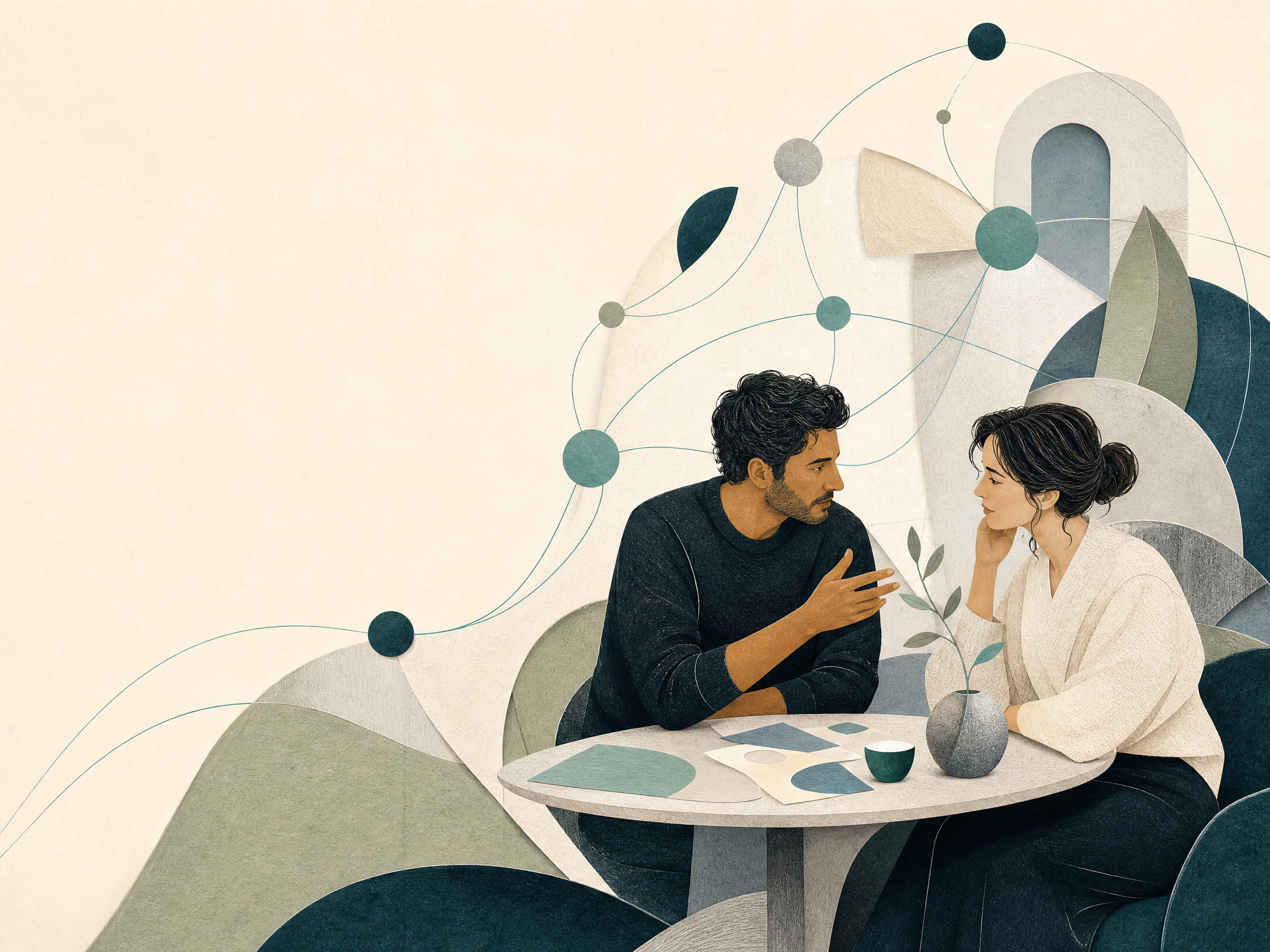 Two people in conversation connected by a growing partnership ecosystem